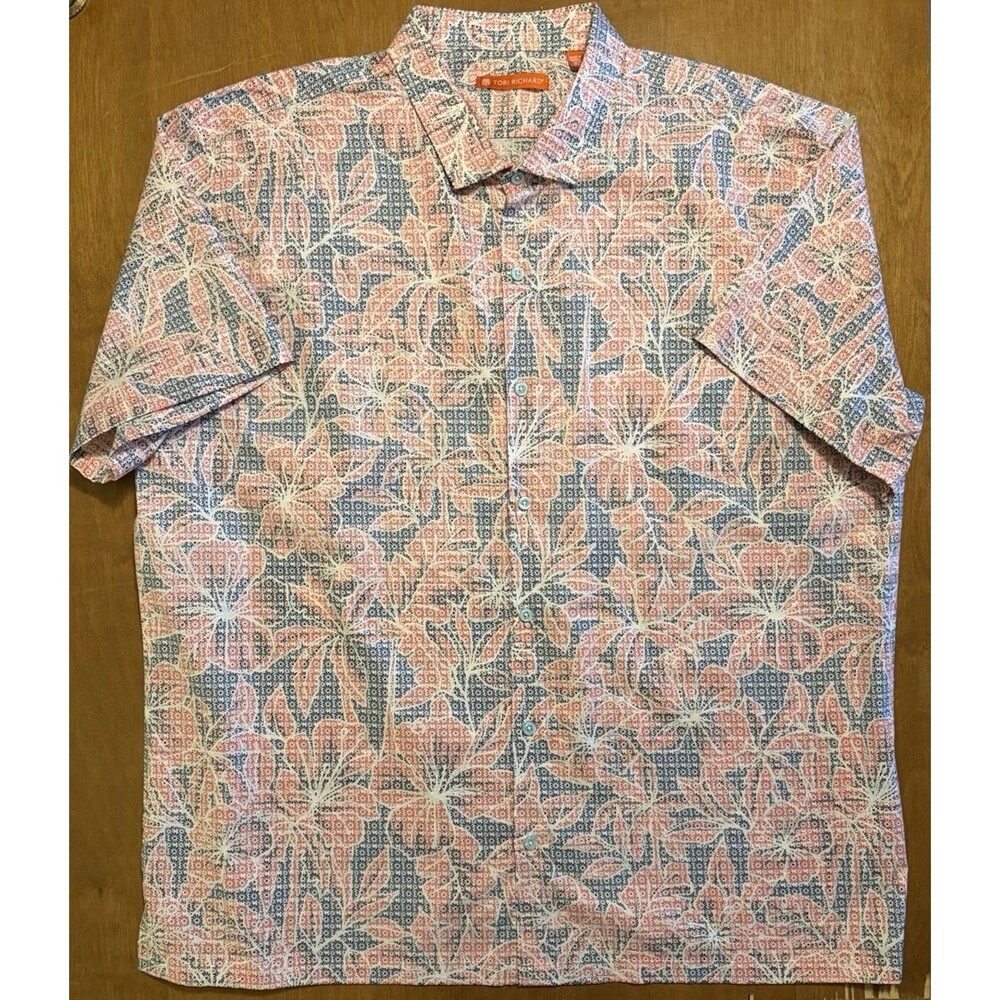 Tori Richard Hawaiian Tropical Button Up Shirt Blue Orange Hawaiian/USA Made 2XL